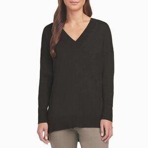 NEW Matty M Womens V-Neck Sweater L NWT Black Tunic Length Side Slits